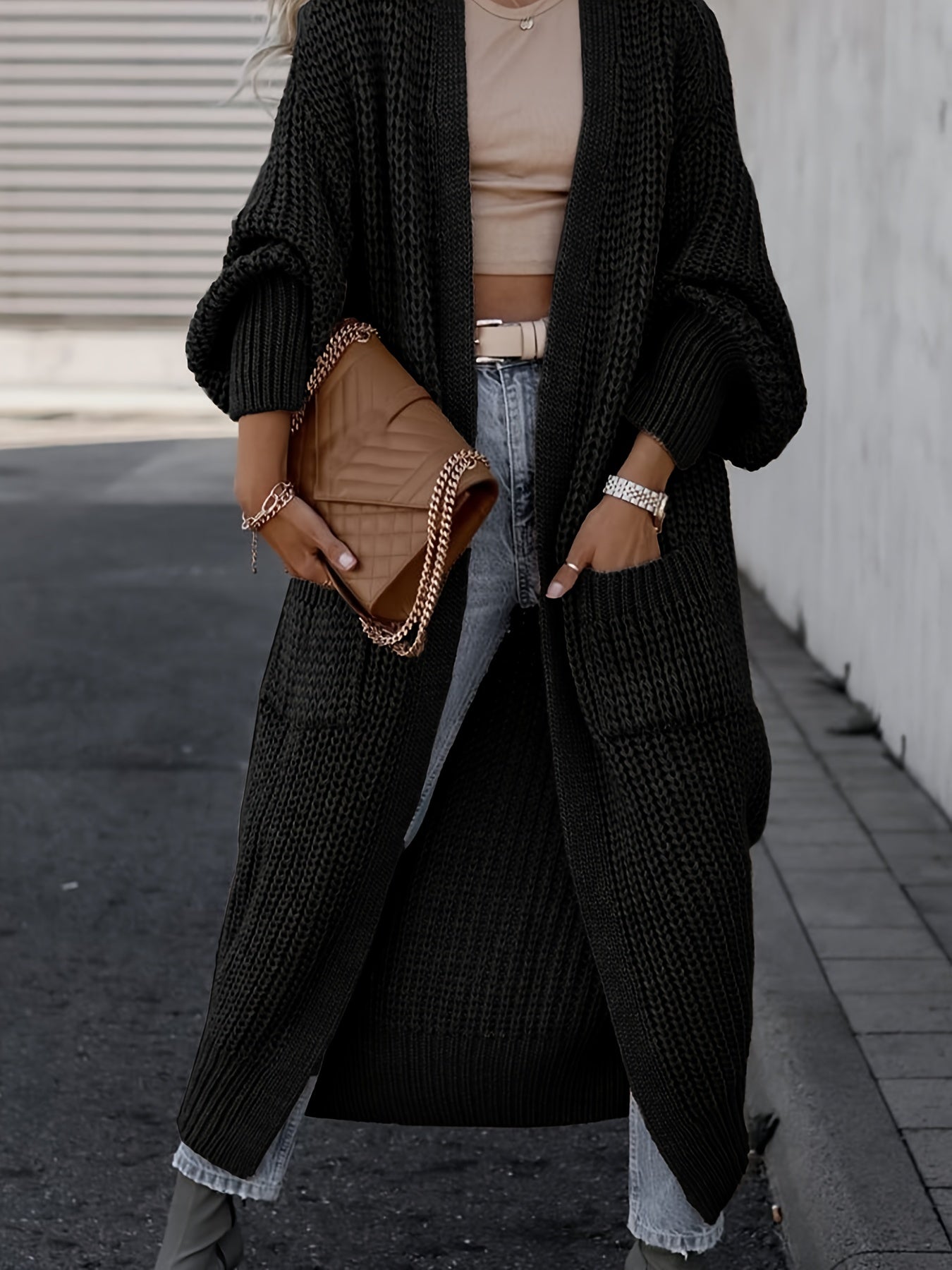 Open Front Pocket Cardigan Long Sleeve Sweater for Fall & Winter