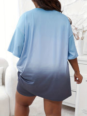 Ombre & Slogan Print Tee & Shorts Pajama Set