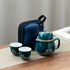 Portable Lucky Cat Tea Set with Teapot, Tea Strainer & 2 Teacups