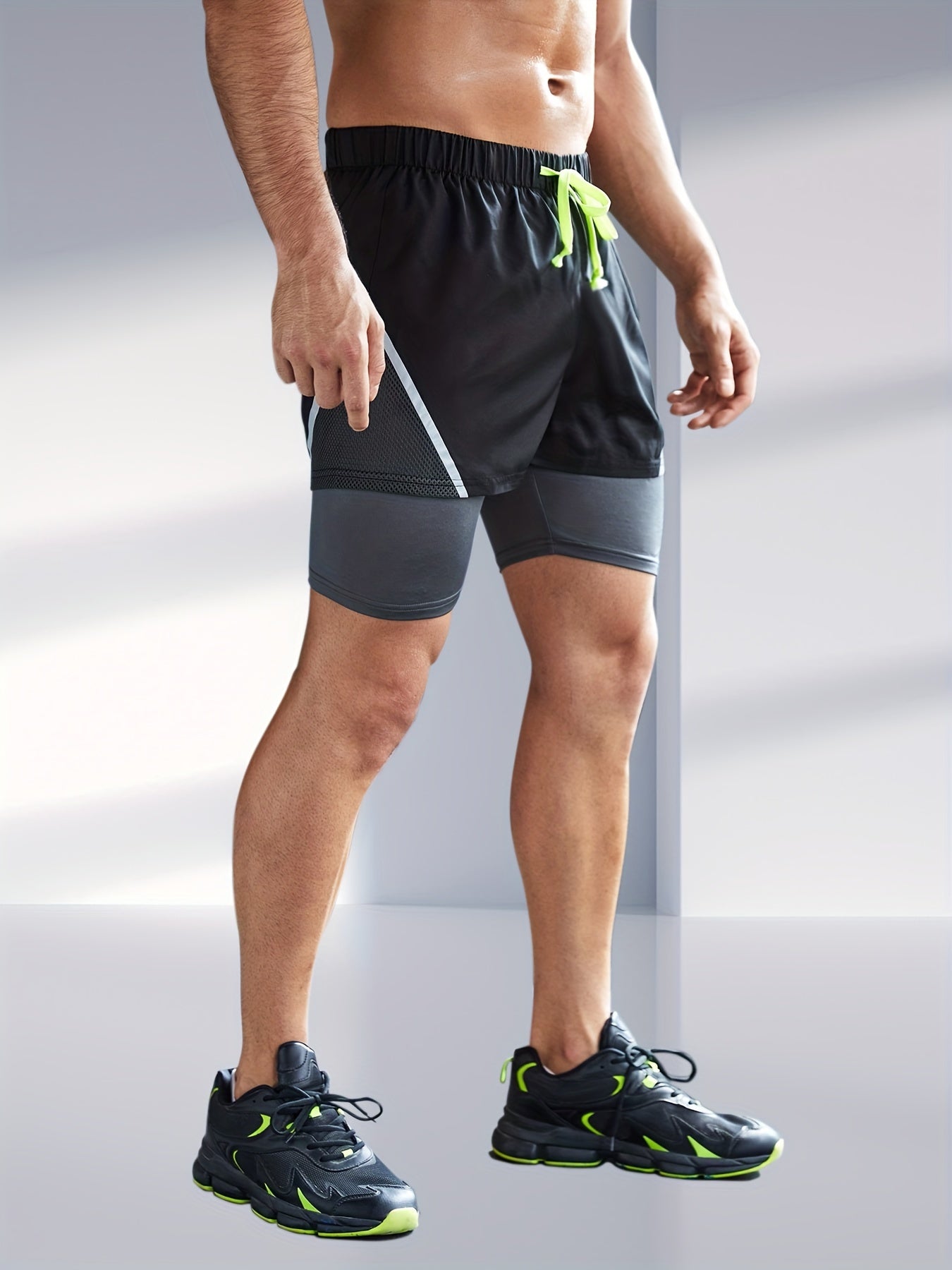 Men's 2 In 1 Running Shorts Phone Pocket Drawstring Sport Shorts