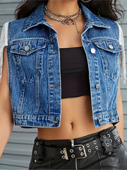 Fringe Trim Denim Vest Cut Out Sleeveless Lapel Cropped Denim Jackets