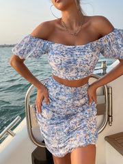 Floral Print Ruched Two piece Set Puff Sleeve Cropped Tops & Bag Hip Mini Skirts