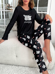 Koala Print Pajama Set Long Sleeve Crew Neck Top & Pants Women's Sleepwear