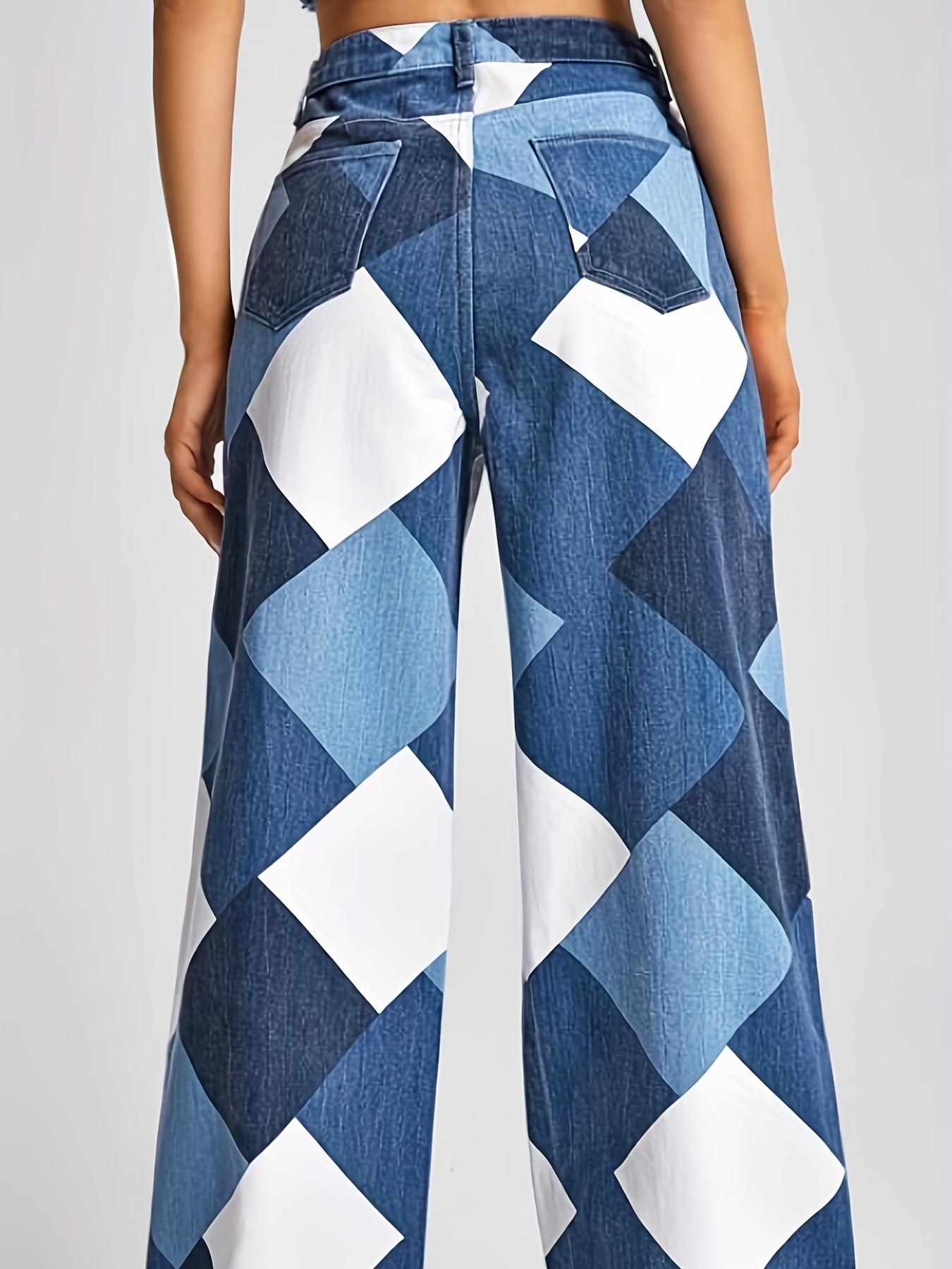 Colorblock Geometric Pattern Straight Jeans Women's Denim Pants
