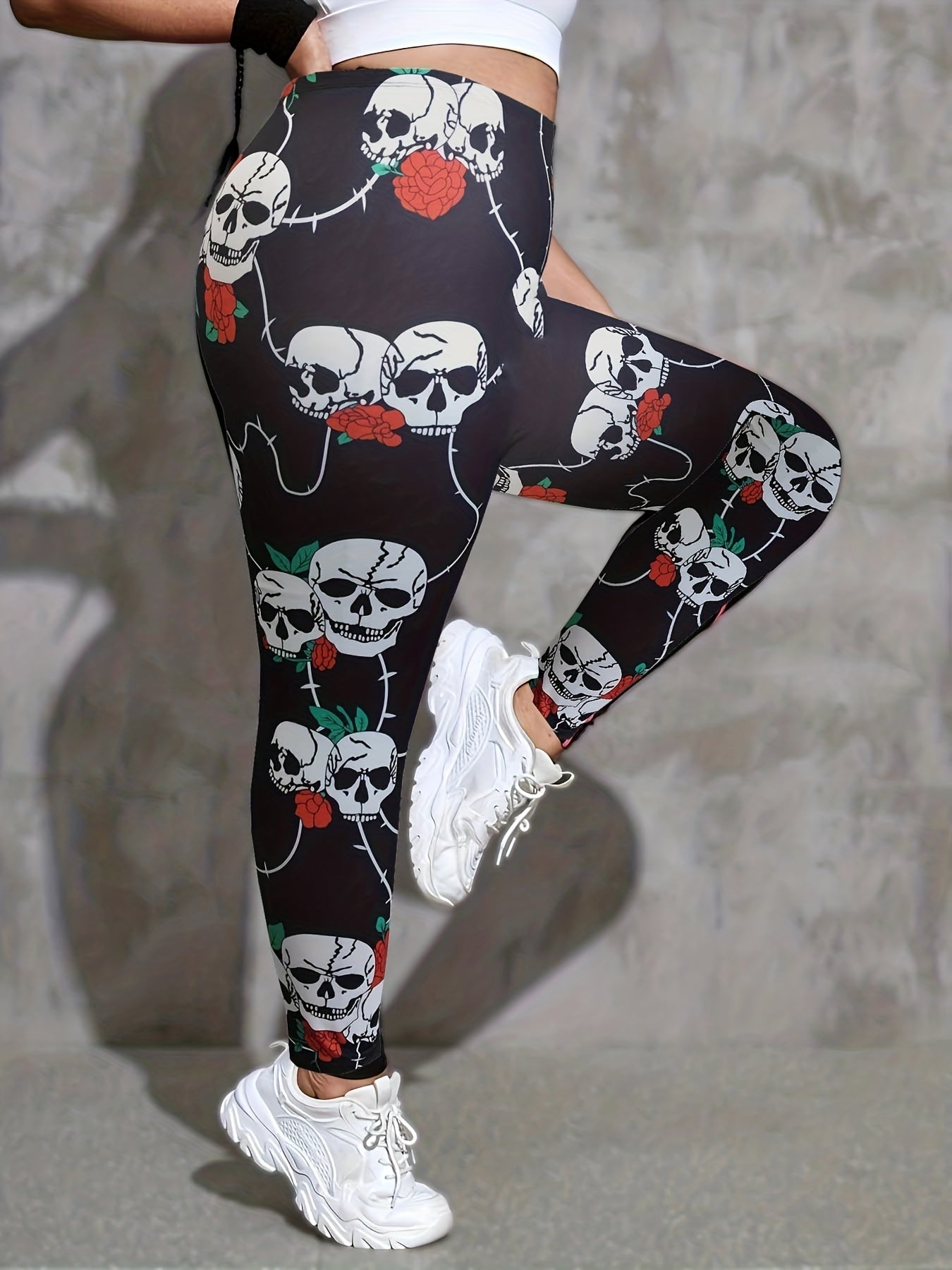 Rose Skull Print Sports Leggings Medium Stretch Fitness Leggings
