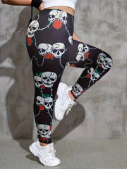 Rose Skull Print Sports Leggings Medium Stretch Fitness Leggings