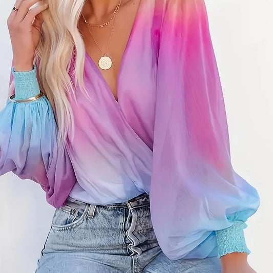 Ombre Lantern Sleeve Boho Blouse Surplice Neck Top