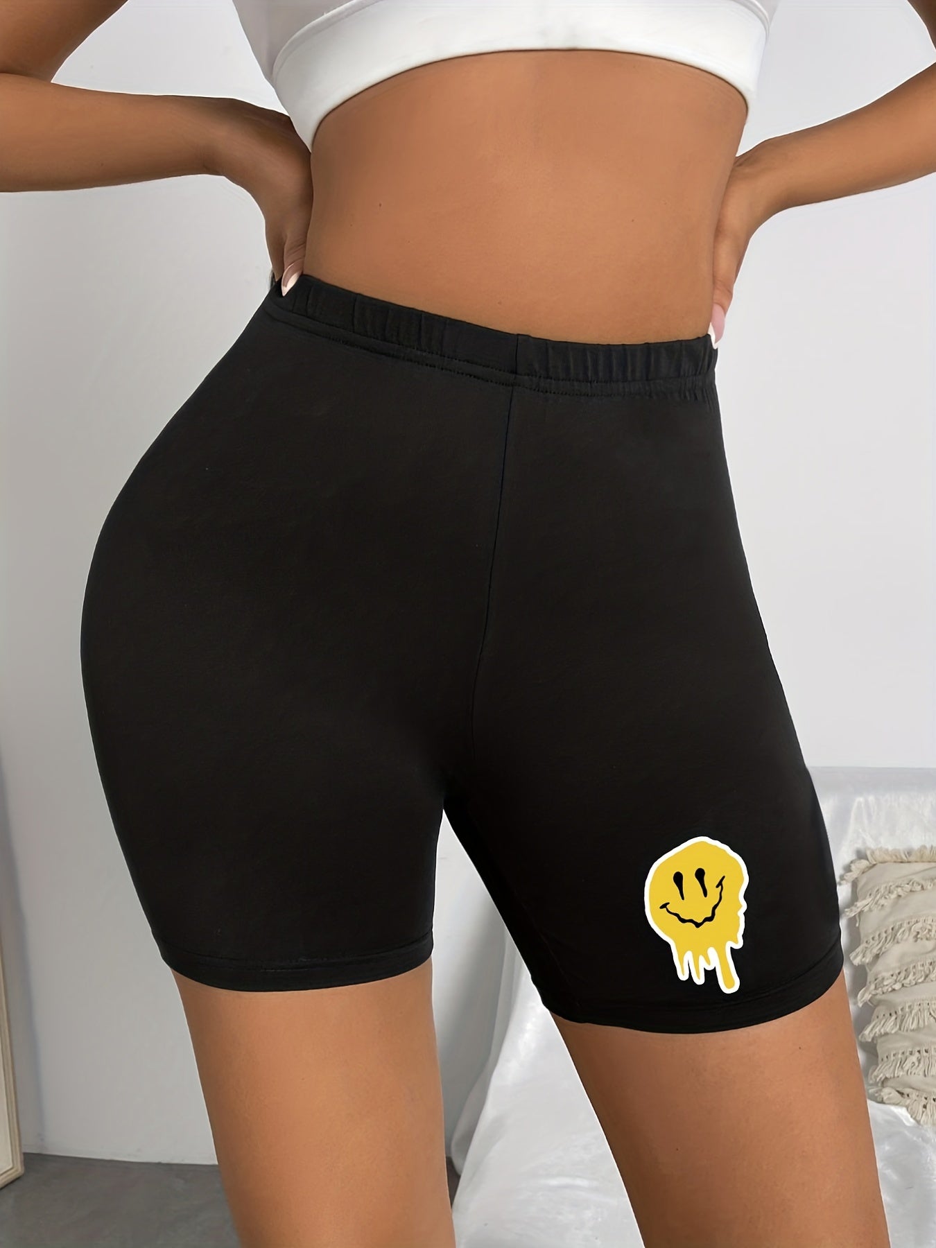 Melted Smile Face Print Shorts Casual Summer Workout Slim Shorts