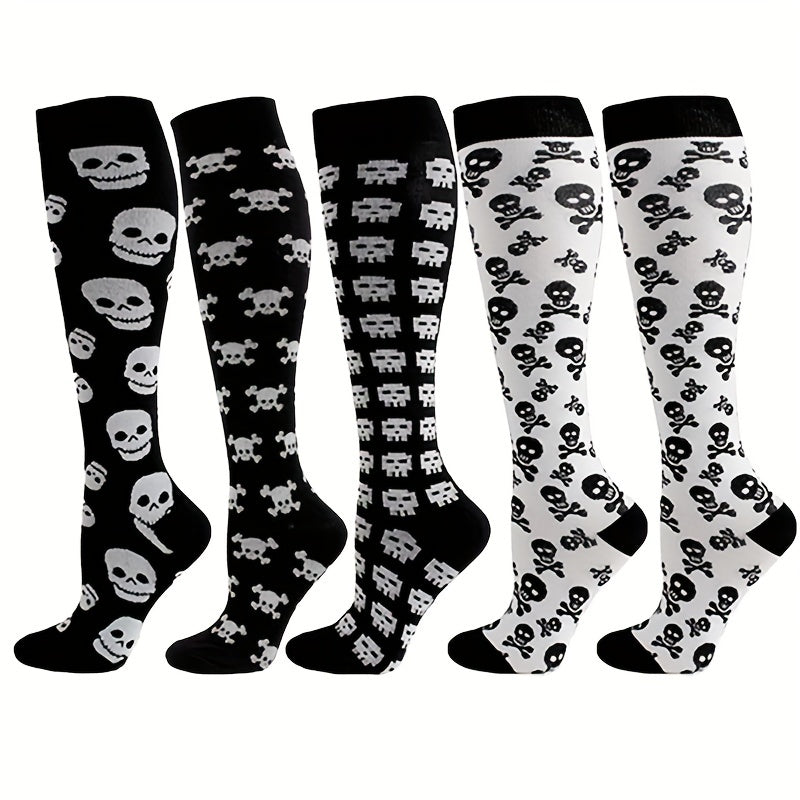 5 Pairs Plus Size Halloween Sports Calf Socks Women's Plus Skull Print