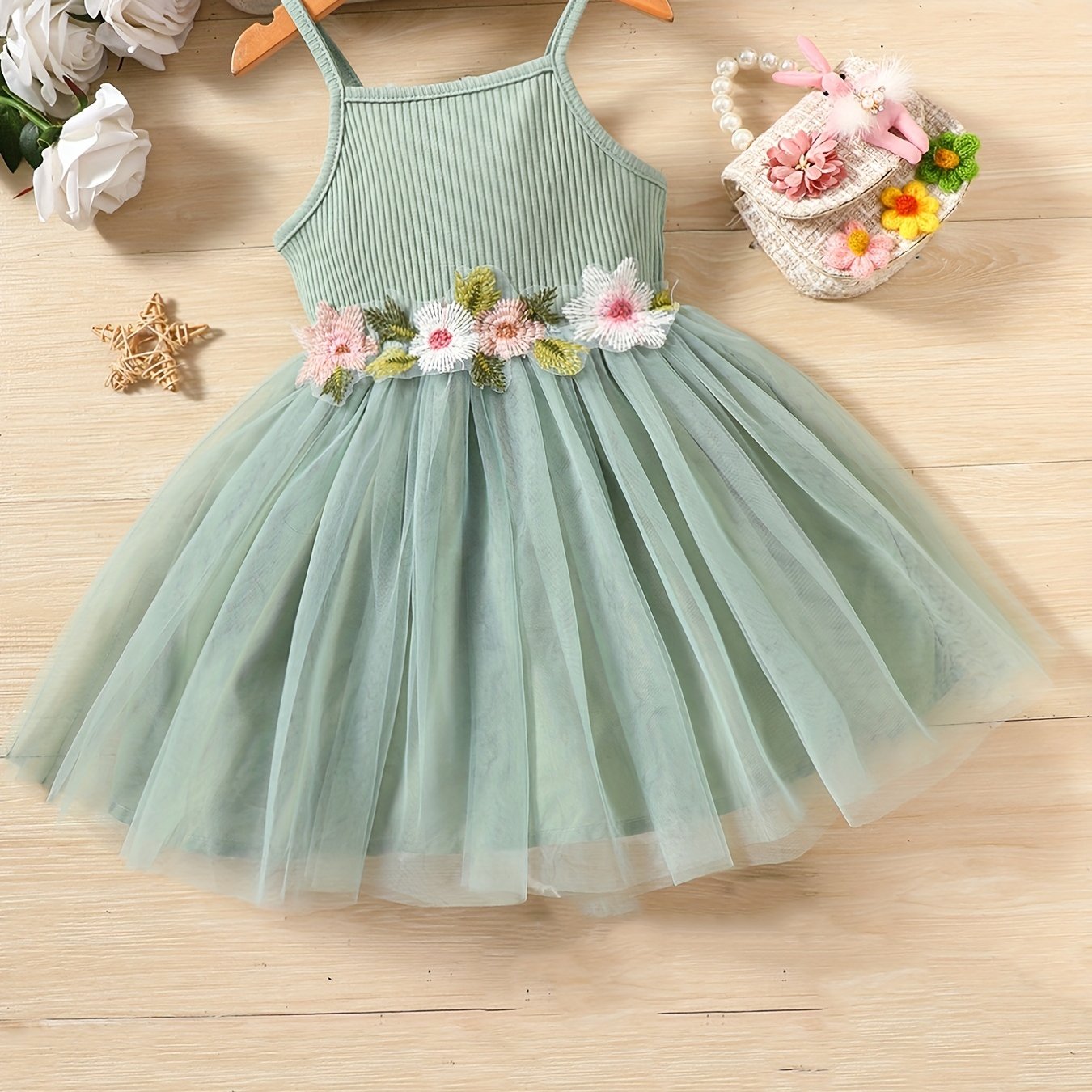 Toddler Girls Floral Embroidered Mesh Princess Cami Dress