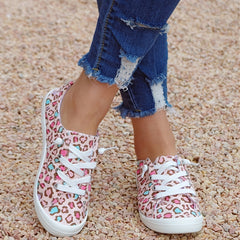 Leopard Print Flat Skate Shoes Lightweight Lace Up Canvas Casual Walking Shoes