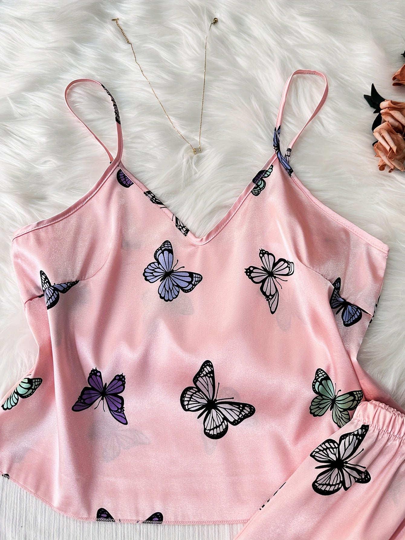 Butterfly Print Pajama Set V Neck Sleeveless Cami Top & Lounge Pants