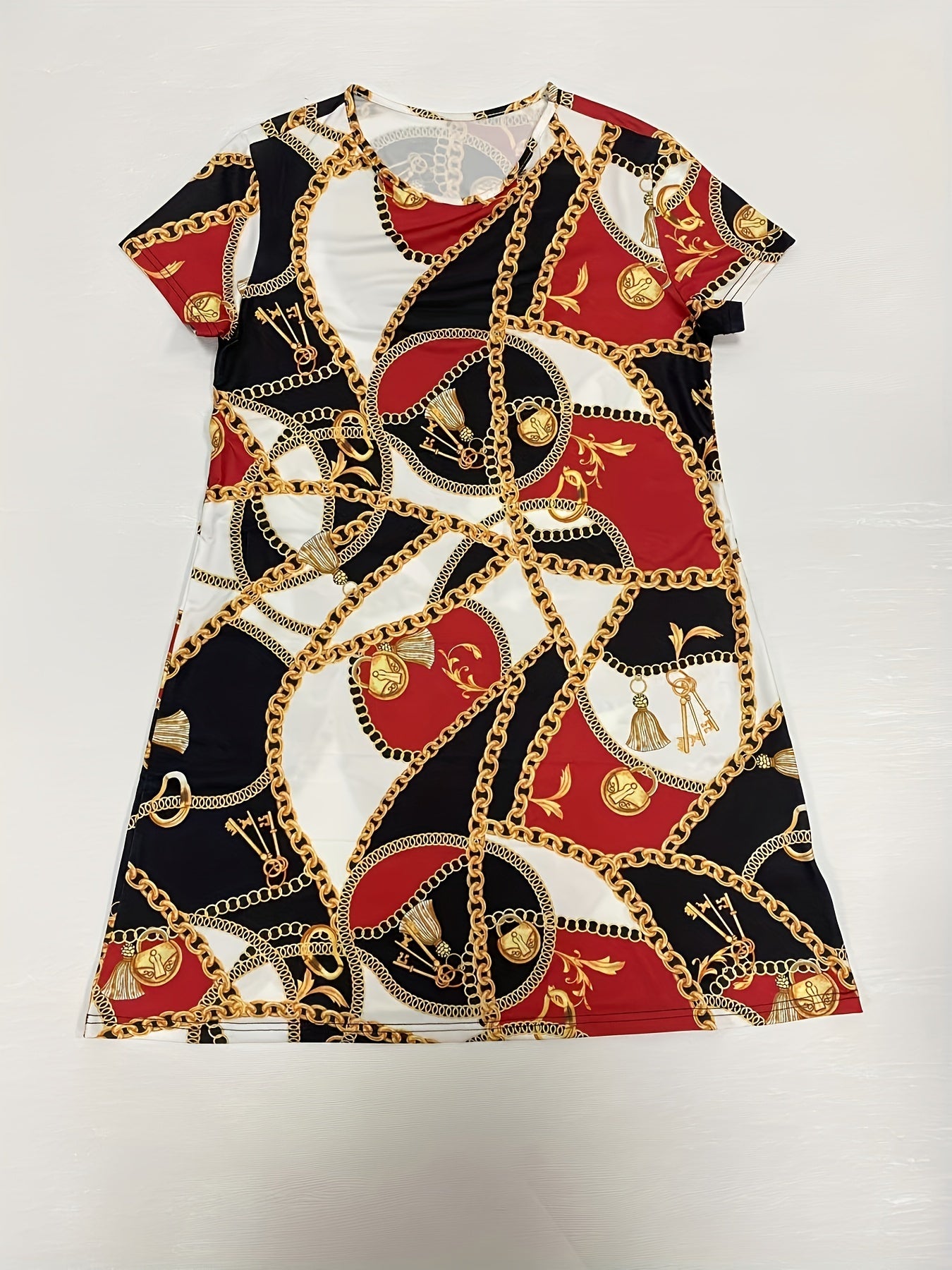 Colorblock Chain Print Round Neck Sleep Dress