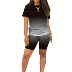 Casual Gradient Two-piece Set Crew Neck Short Sleeve T Shirt & Elastic Waist Sho