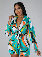 Holiday Abstract Print Set Tie Front Shirt & Shorts Outfit