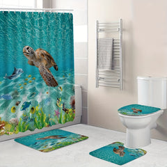 Sea Turtle Shower Curtain Set with Bathroom Rug and Toilet Lid Cover
