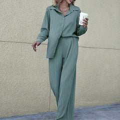 Solid Textured Two piece Set Polo Collar Long Sleeve Shirt & Elastic Waist Pants