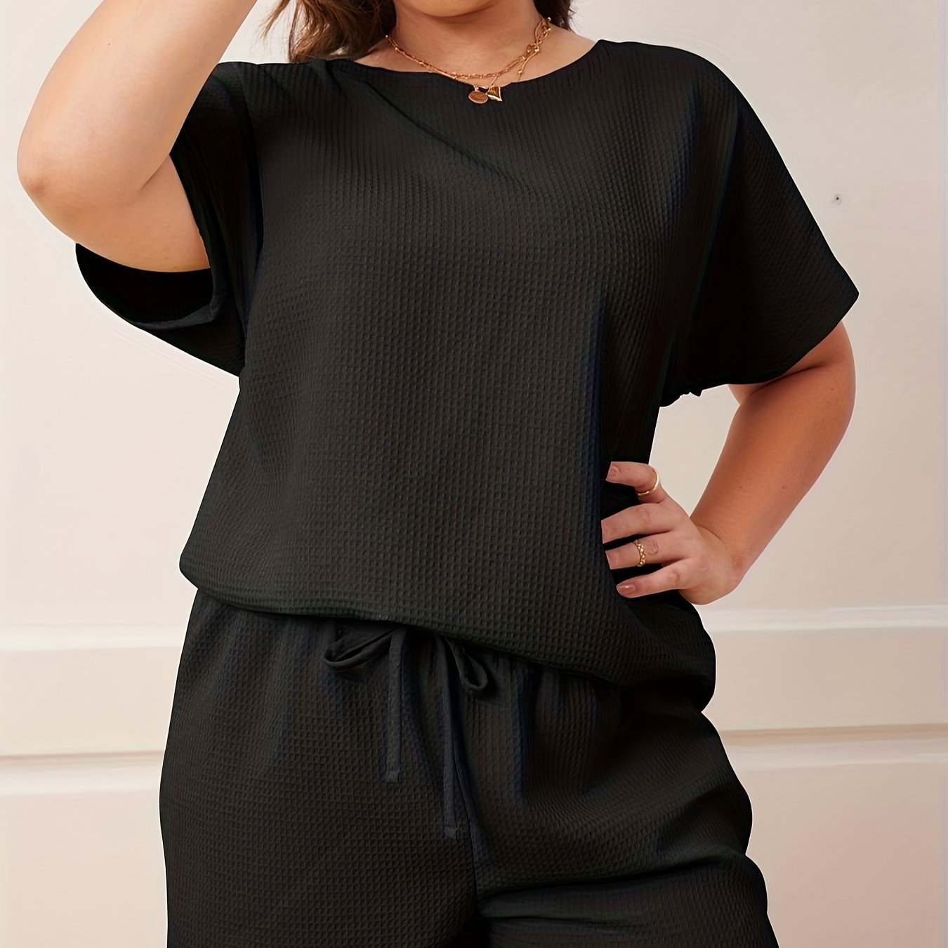 Women's Plus Solid Short Sleeve Top & Tie Shorts Two Piece Set