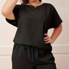 Women's Plus Solid Short Sleeve Top & Tie Shorts Two Piece Set