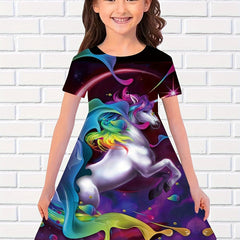 Girls Unicorn Graphic Dress Crew Neck 3D Print Summer Clothes