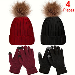 Winter Knitted Beanie Hat Glove Set Touch Screen Gloves