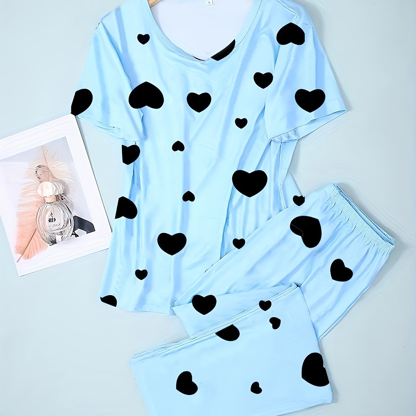 Heart Print Pajama Set Short Sleeve Top & Long Pants Women's Loungewear