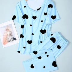 Heart Print Pajama Set Short Sleeve Top & Long Pants Women's Loungewear