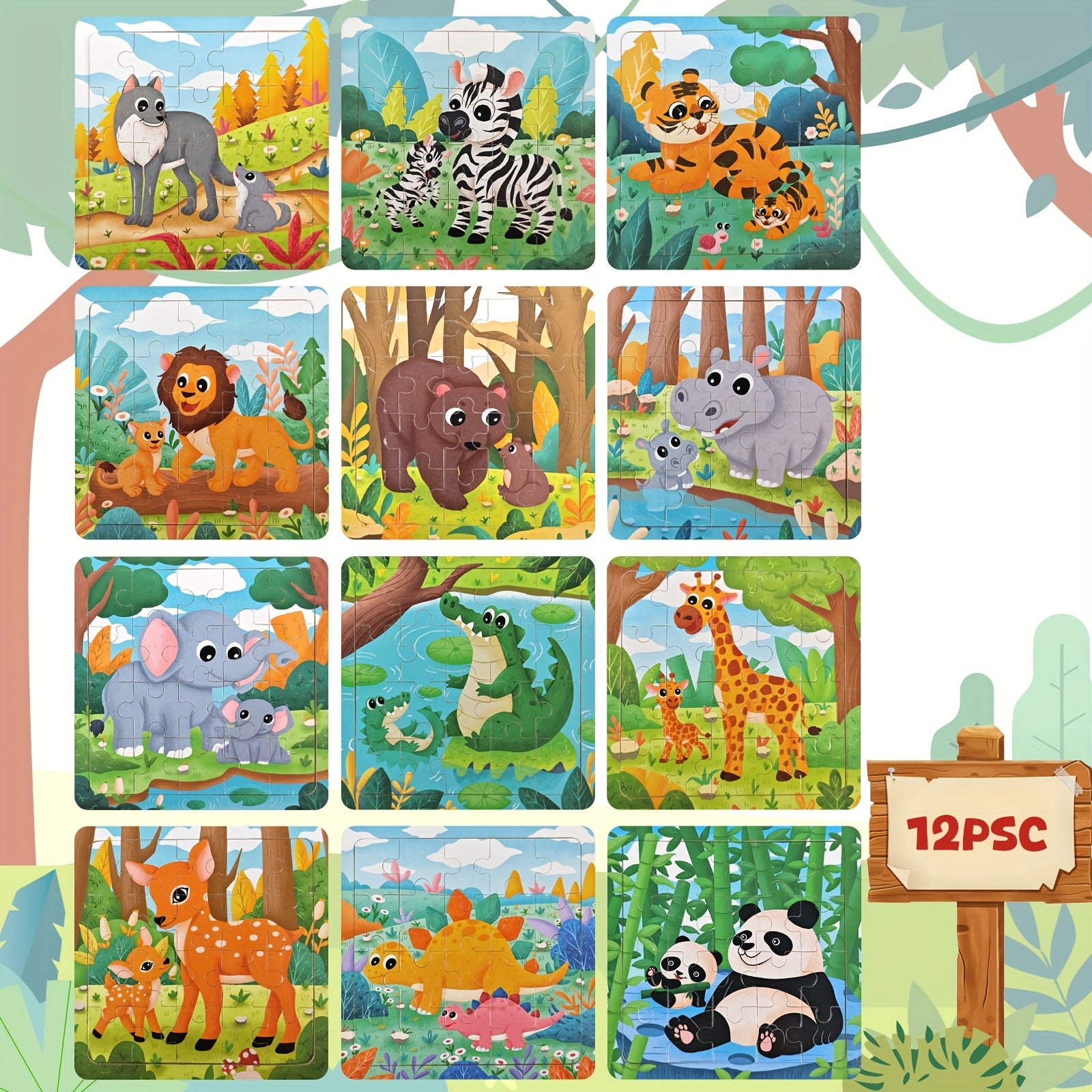 12pc Wooden Animal Puzzle Set Educational Preschool Toy Girls Boys Learning Gift