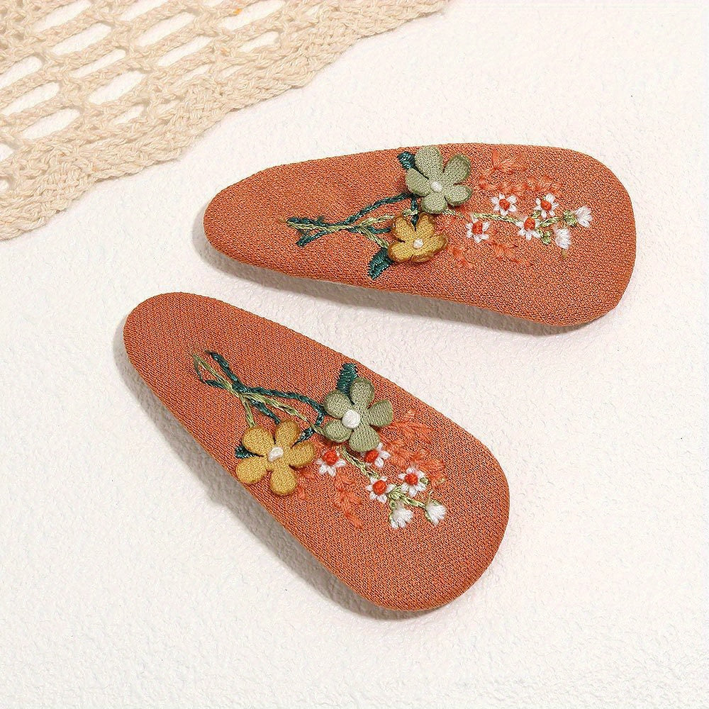 2pcs Flower Hair Clips Embroidery Metal Clips For Baby Girls