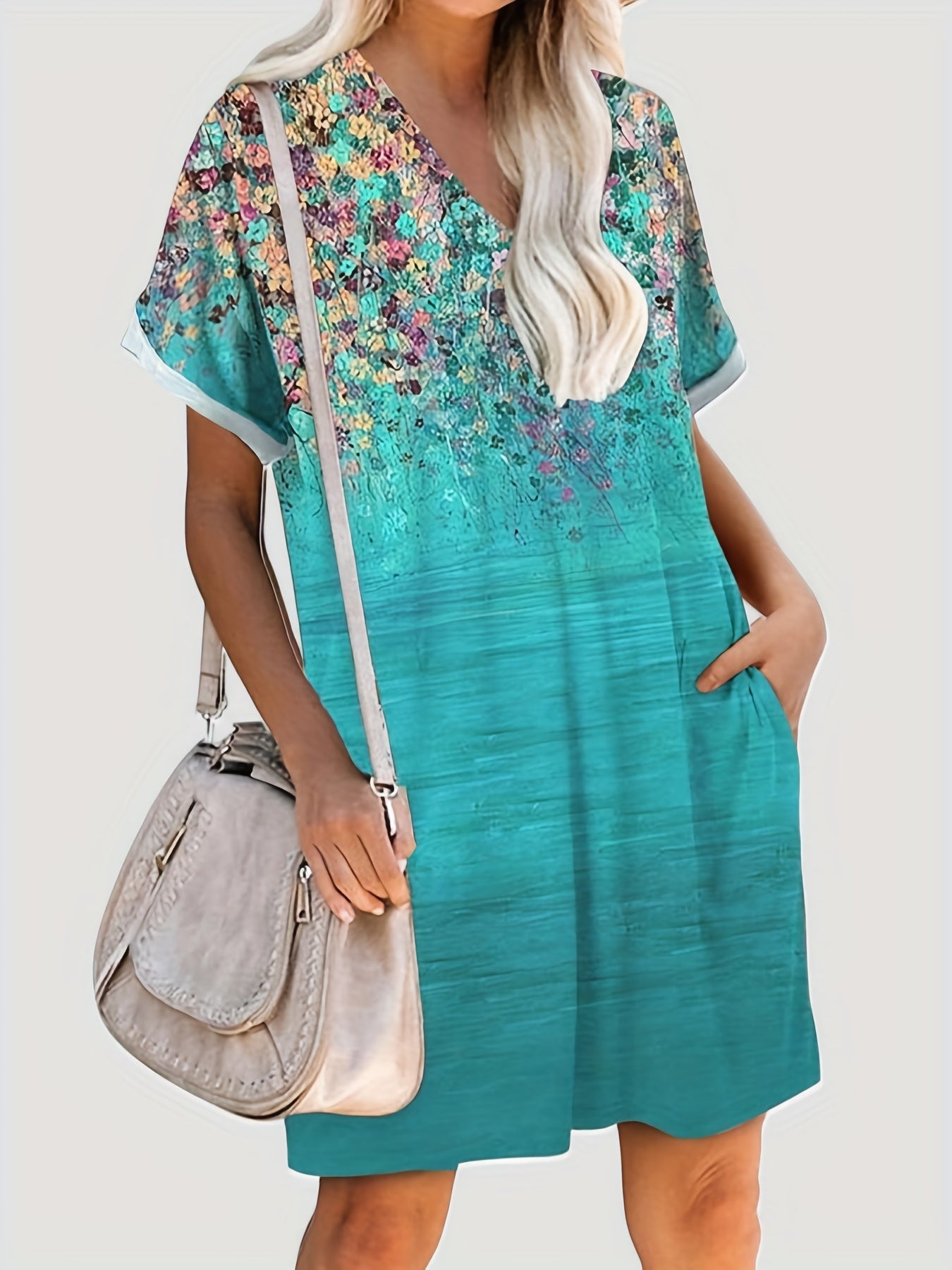 Floral Print Short Sleeve V Neck Dress