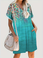 Floral Print Short Sleeve V Neck Dress