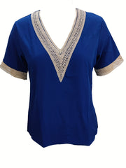 Lace Trim Splicing Blouse V Neck Short Sleeve Comfy Blouse