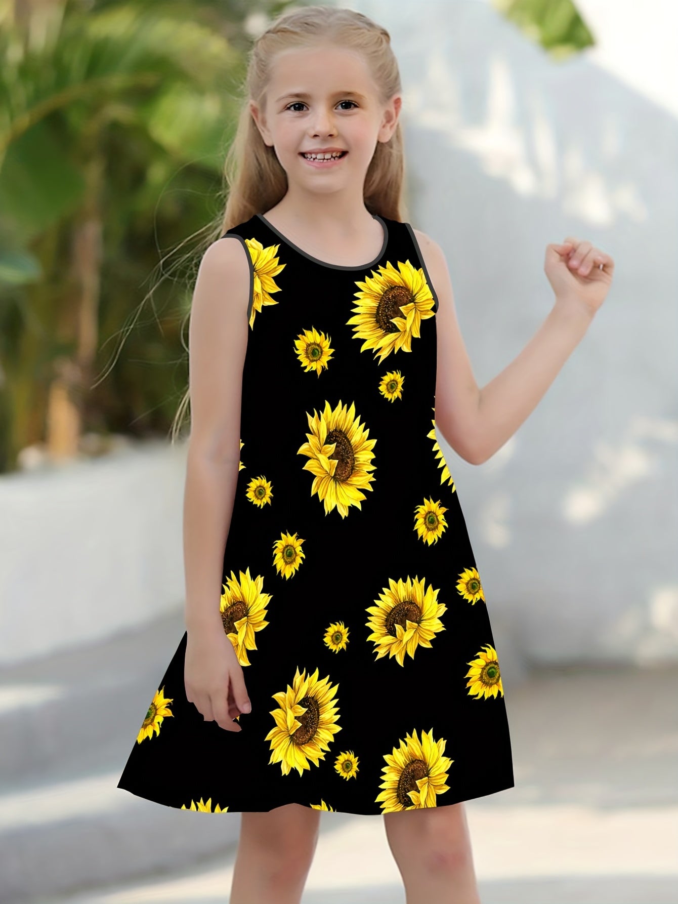 Girls Sunflower Print Sleeveless Loose Fit Summer Dress