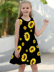 Girls Sunflower Print Sleeveless Loose Fit Summer Dress