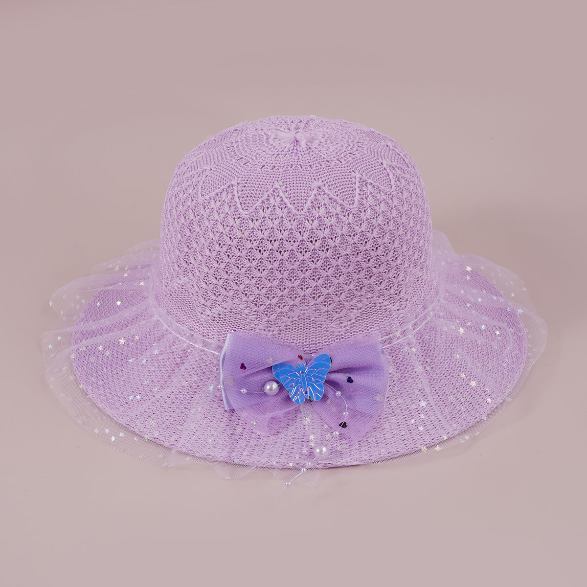 Girls Faux Pearl Bow Lace Hat Straw Sun Protection Kids Accessories