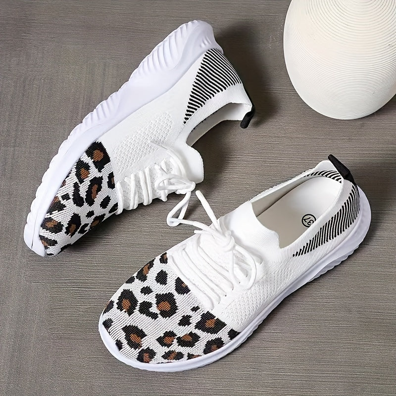 Leopard Printed Mesh Sneakers Lace Up Casual Shoes
