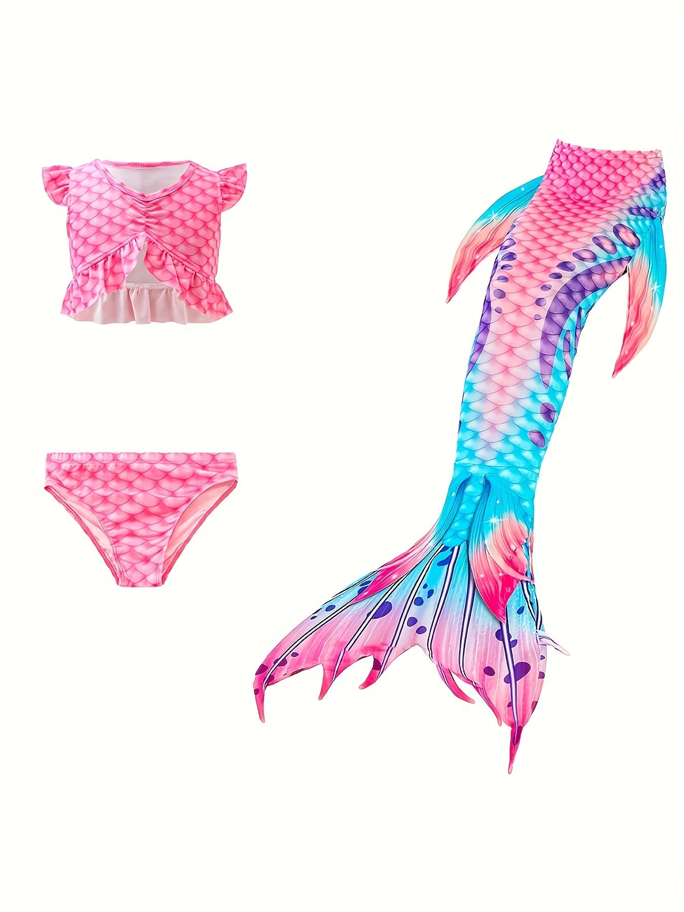 Mermaid Swimsuit 3pcs Ruffle Bikini Set & Mermaid Tail Tie dye Bathing Suit
