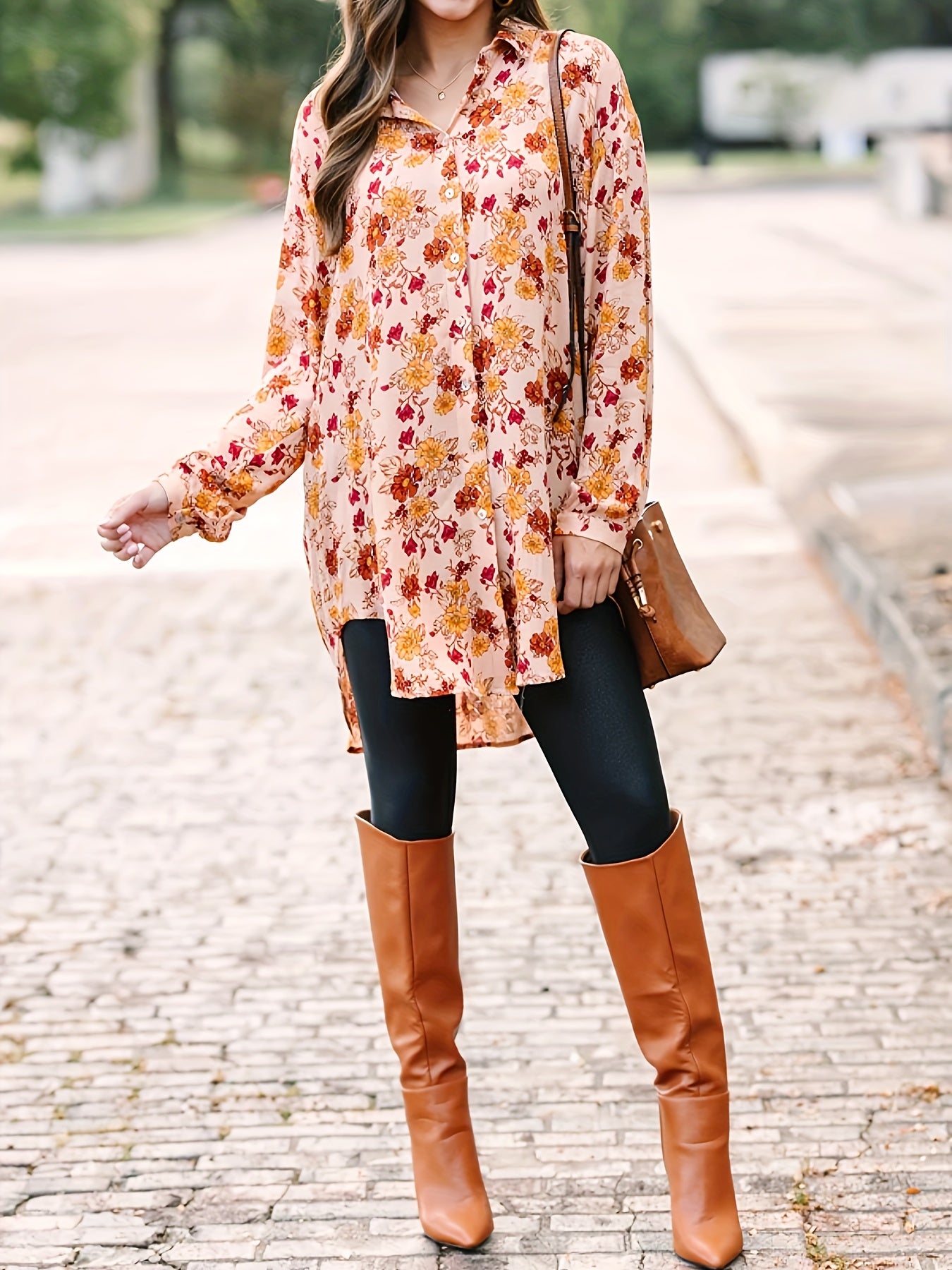 Ditsy Floral Print Long Sleeve Button Up Tunic Shirt Top