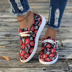 Women's Skateboard Shoes Lips Hearts English Letter Pattern Flat Lace-up Canvas