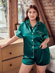 Heart Embroidered Pajama Set Short Sleeve Button Up Top & Shorts