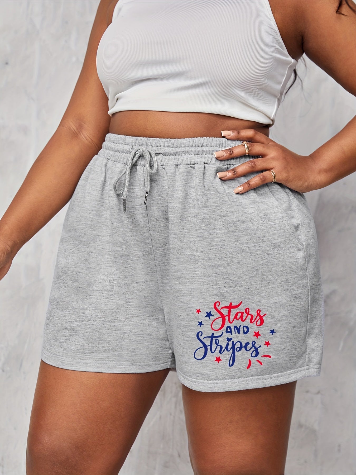 Independence Casual Shorts Women's Plus Letter & Star Print