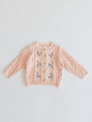 Kids Small Flower Embroidered Cotton Knitted Cardigan