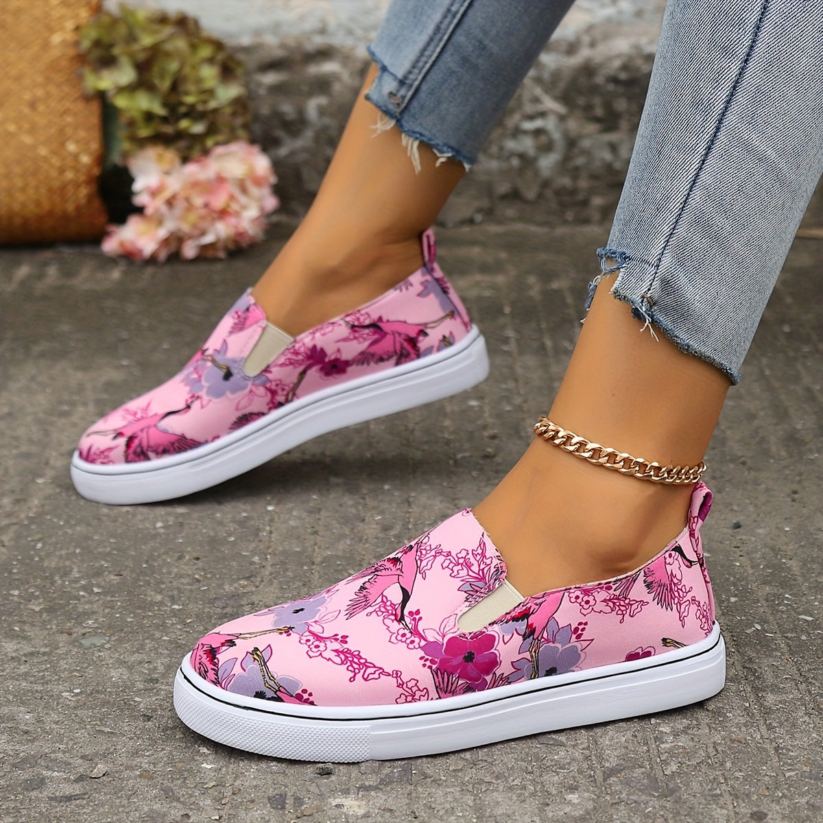 Flamingo Flower Print Pink Flat Skate Shoes