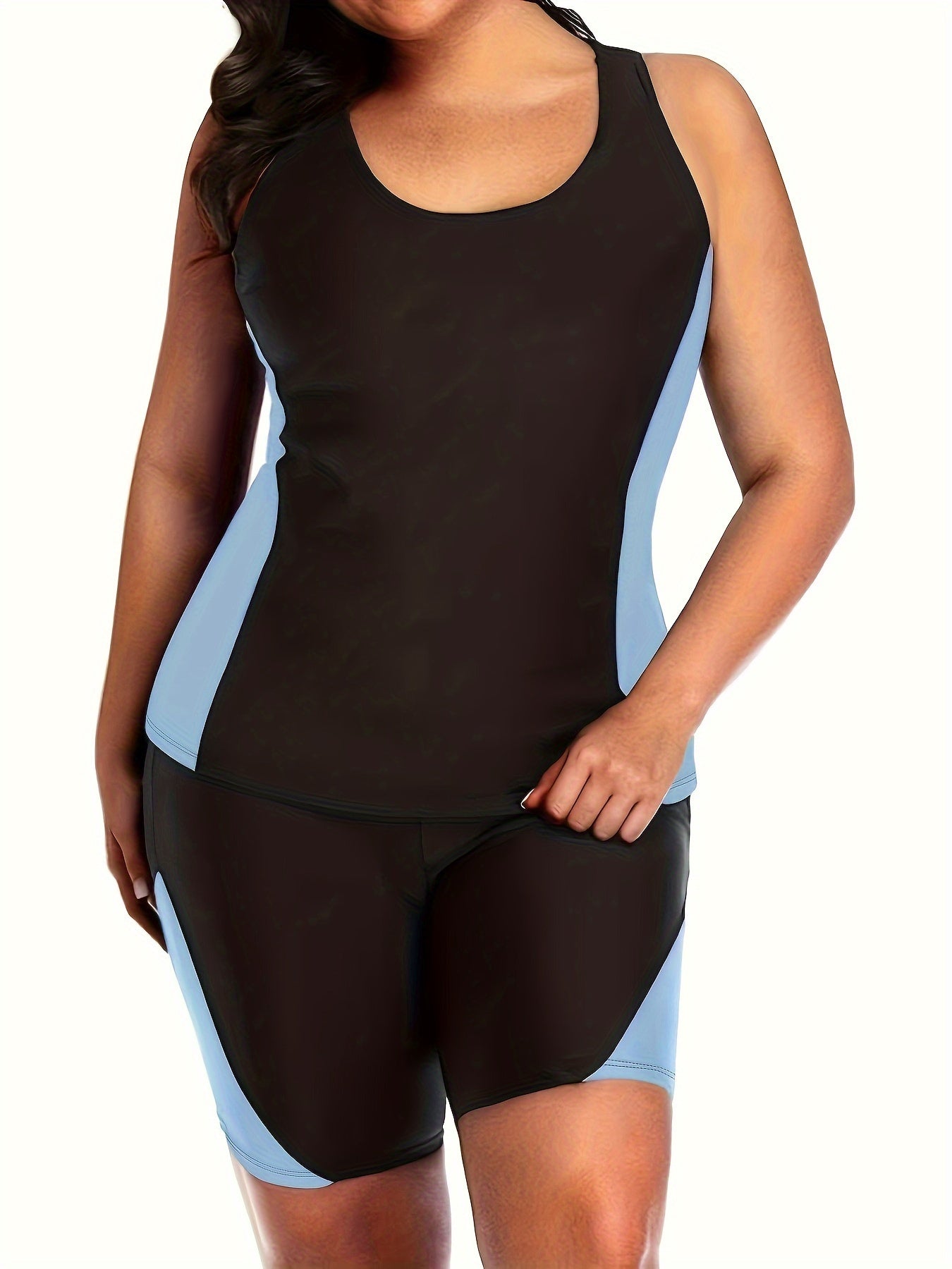 Colorblock Tankini Set Racer Back Tank Top & Shorts Swimsuit