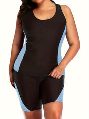Colorblock Tankini Set Racer Back Tank Top & Shorts Swimsuit