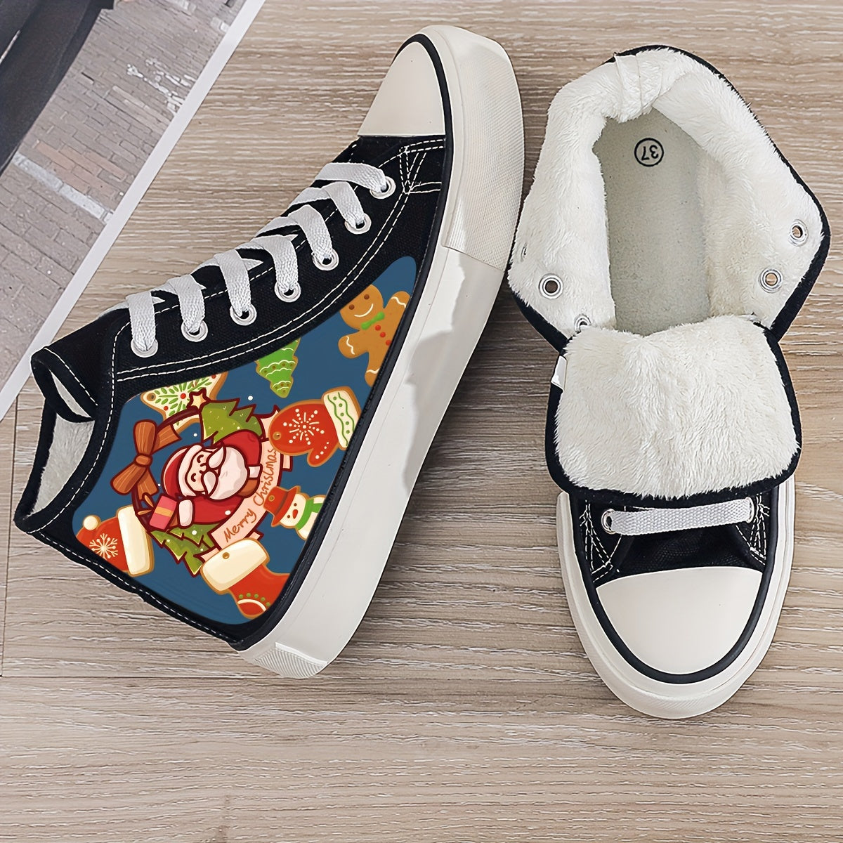 Santa Print Plush Lined Chunky Canvas Sneakers