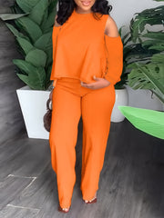 Solid Cold Shoulder Long Sleeve Top & Pants Set