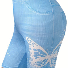 Denim & Butterfly Print High Rise Skinny Shorts