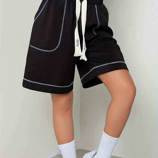 Casual Shorts Women's Plus Solid Stitching Elastic Drawstring