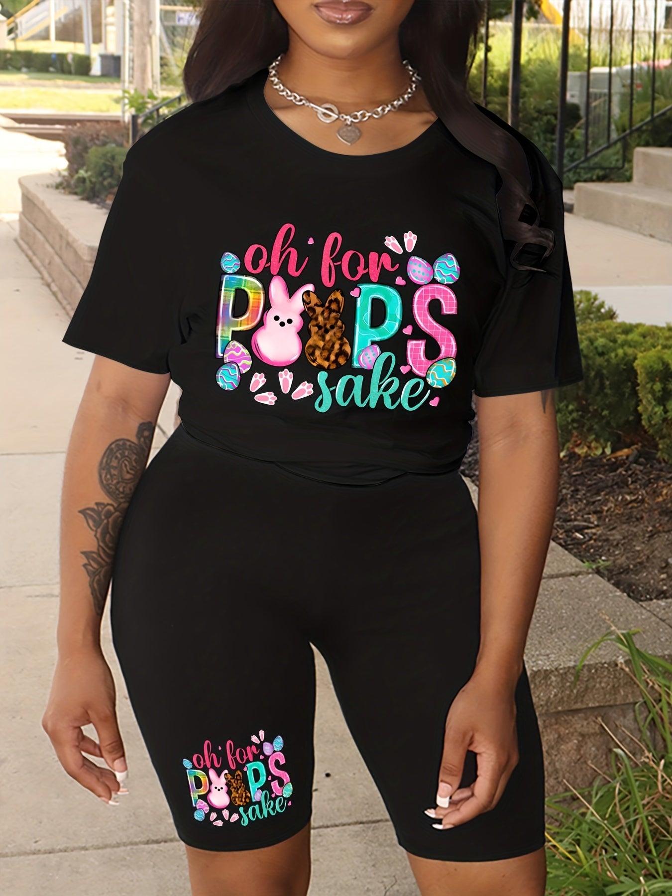 Women's Plus Easter Graphic Tee & Biker Shorts Set